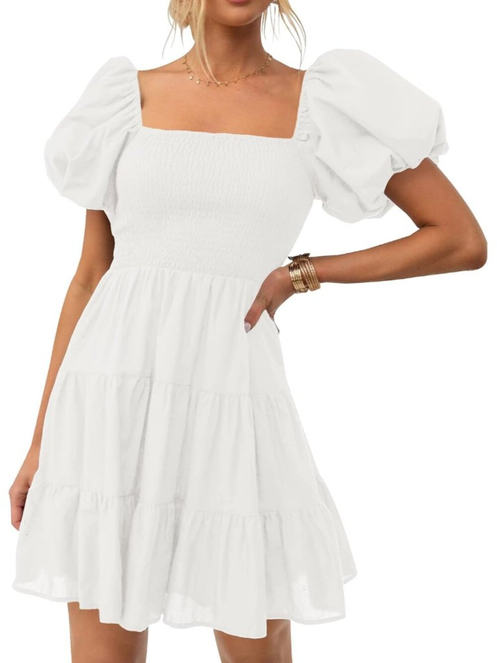 Womens Boho Square Neck Puff Sleeve Smocked Tiered A Line Mini Dress